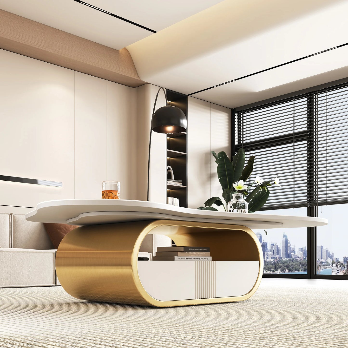 Contemporary Butterfly Oval Coffee Table with Sintered Stone Top and Storage Shelf Drawer Stainless Steel Base Marble Material