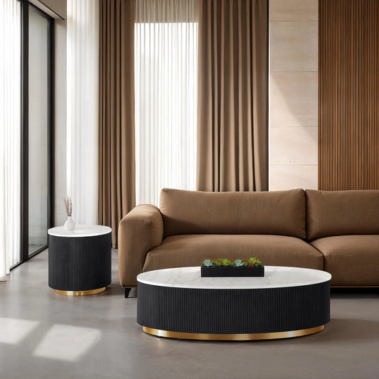 Modern Coffee Table with Marble Top Gold Accent Plinth Base Black White and Gold Finish Decorative Living Room Furniture