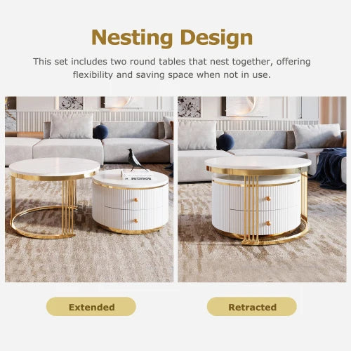 Modern 2 Pieces White Round Nesting Coffee Table with Drawers Eco-Friendly & Decorative