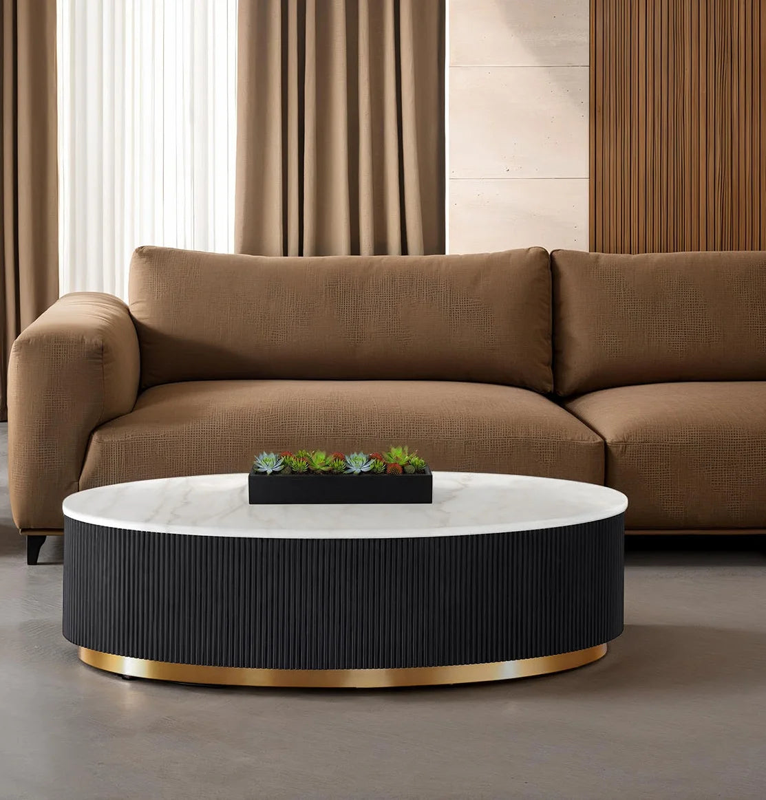 Modern Coffee Table with Marble Top Gold Accent Plinth Base Black White and Gold Finish Decorative Living Room Furniture