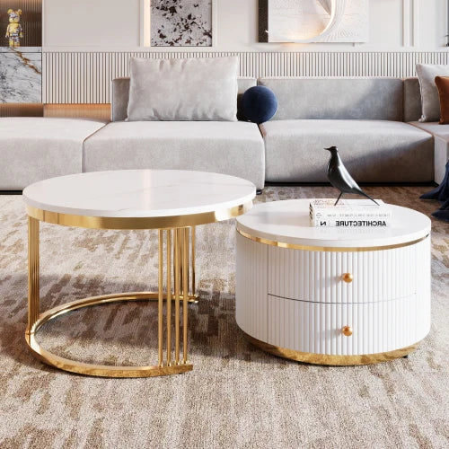 Modern 2 Pieces White Round Nesting Coffee Table with Drawers Eco-Friendly & Decorative