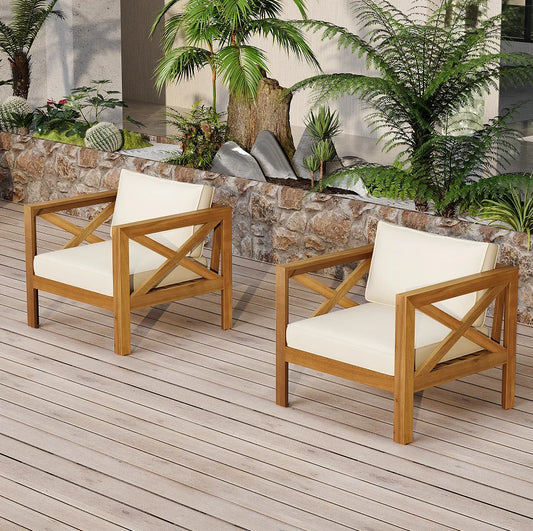 Modern Oak Wood Garden Armchair with Cushions (Set of 2) Portable & Comfortable Outdoor Patio Furniture