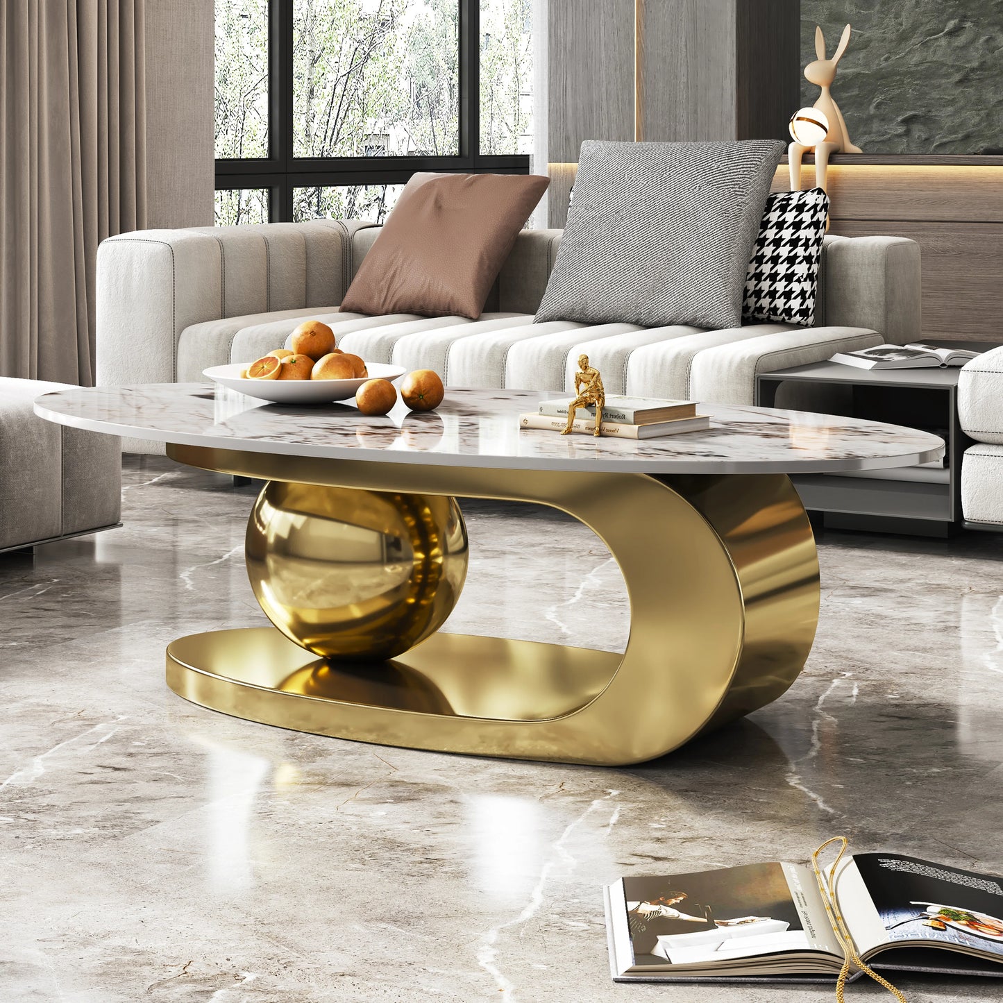 Modern Oval Faux Marble Coffee Table for Home Office Dining Stainless Steel Base for School Use Designed for Modern Living Room