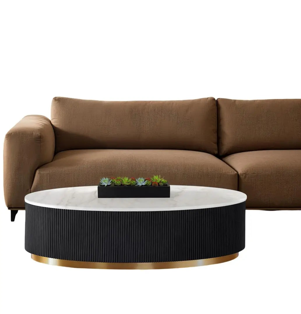 Modern Coffee Table with Marble Top Gold Accent Plinth Base Black White and Gold Finish Decorative Living Room Furniture