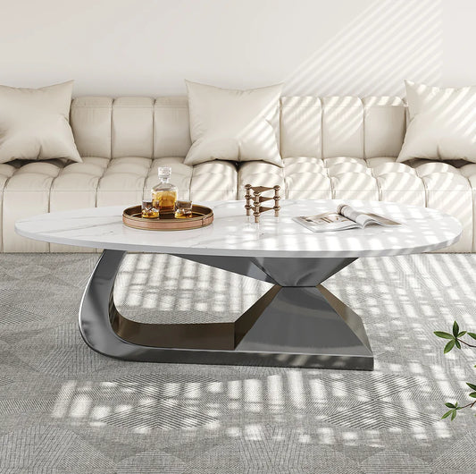 Modern Sintered Stone Tabletop Coffee Table Stainless Steel Base-Eco-Friendly Living Room Furniture Durable Elegant Centerpiece