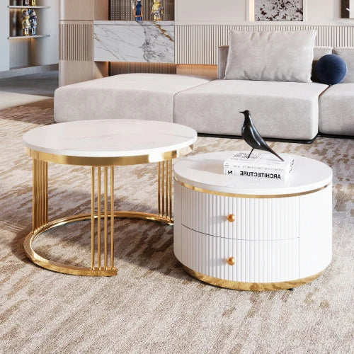 Modern 2 Pieces White Round Nesting Coffee Table with Drawers Eco-Friendly & Decorative