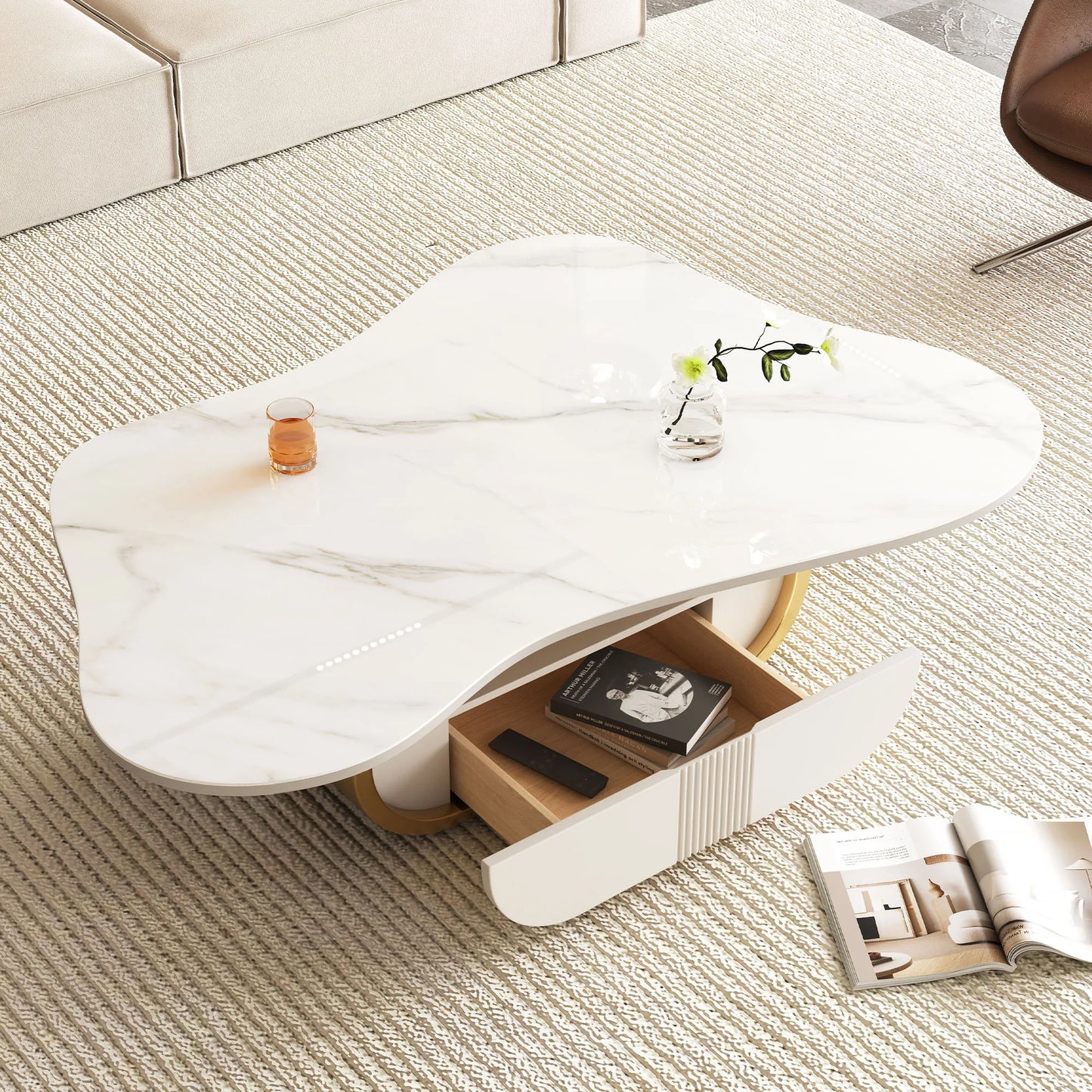 Contemporary Butterfly Oval Coffee Table with Sintered Stone Top and Storage Shelf Drawer Stainless Steel Base Marble Material