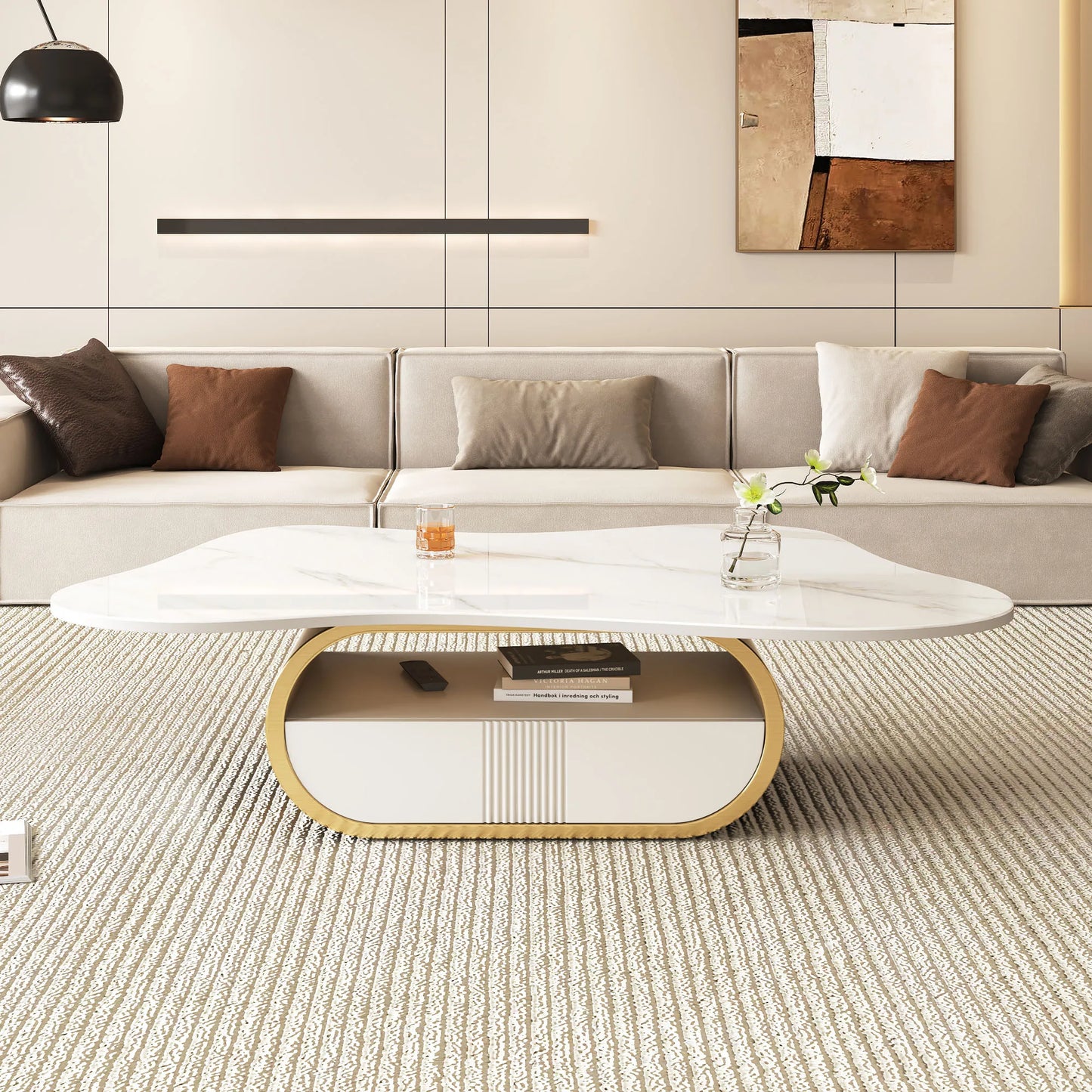 Contemporary Butterfly Oval Coffee Table with Sintered Stone Top and Storage Shelf Drawer Stainless Steel Base Marble Material