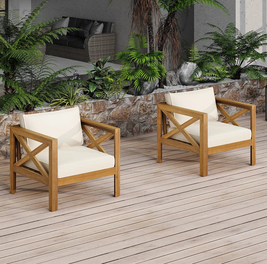 Modern Oak Wood Garden Armchair with Cushions (Set of 2) Portable & Comfortable Outdoor Patio Furniture