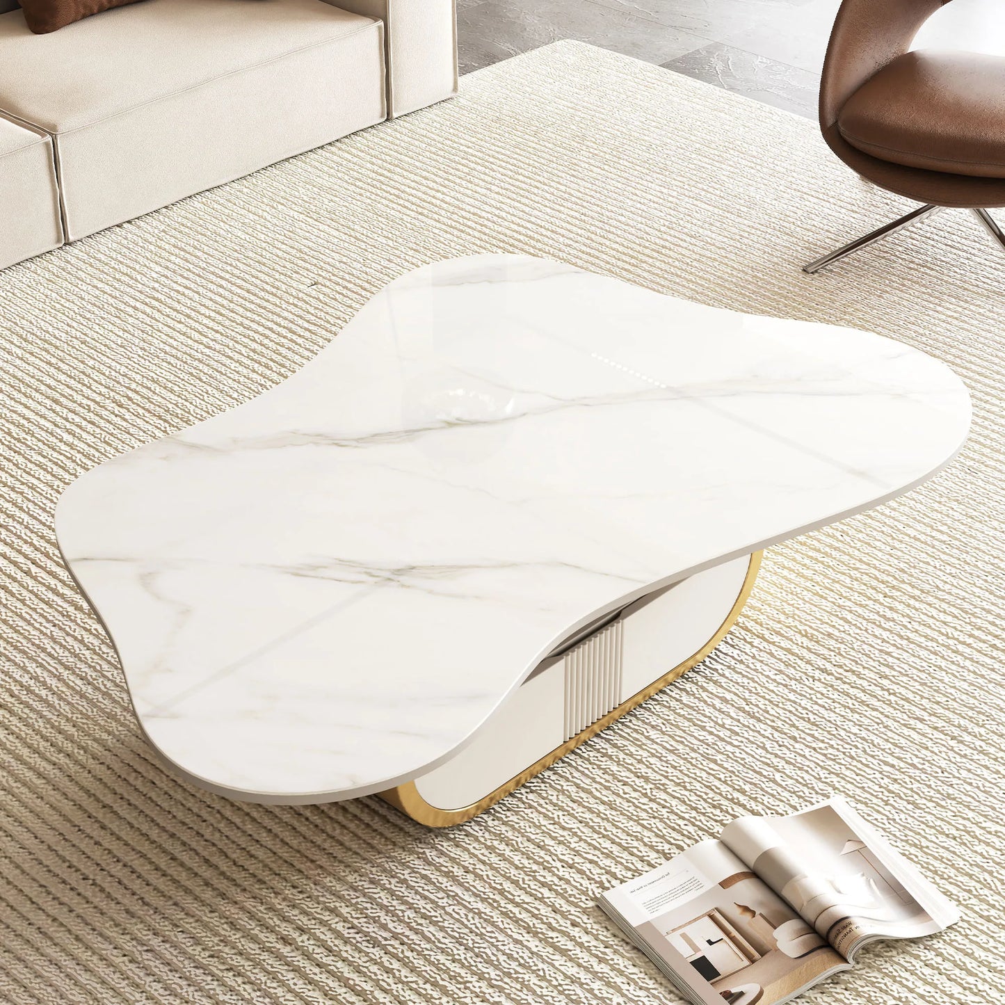 Contemporary Butterfly Oval Coffee Table with Sintered Stone Top and Storage Shelf Drawer Stainless Steel Base Marble Material