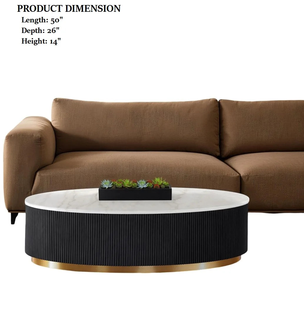 Modern Coffee Table with Marble Top Gold Accent Plinth Base Black White and Gold Finish Decorative Living Room Furniture