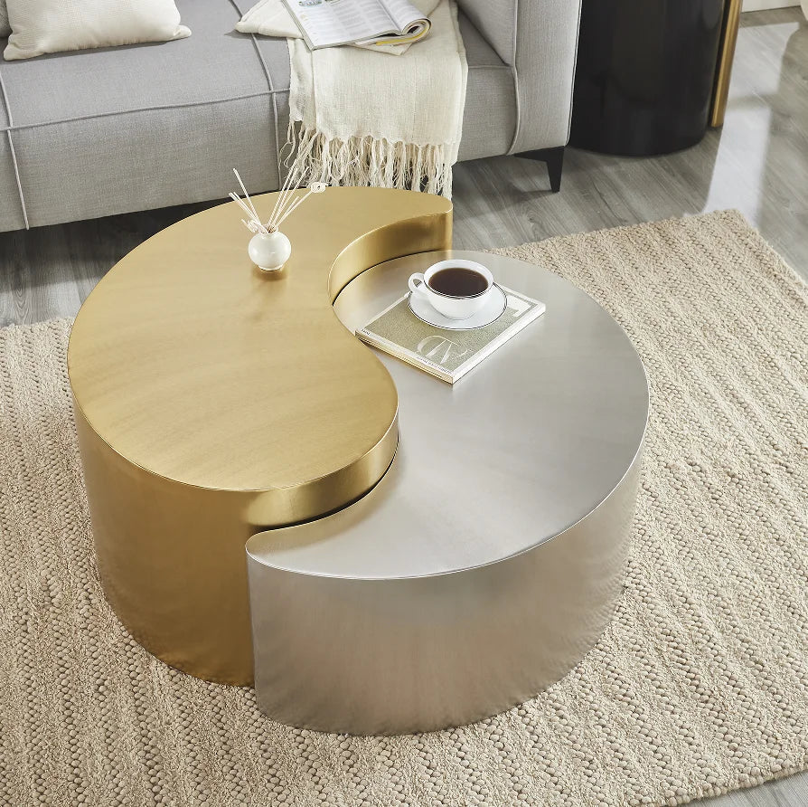 Modern & Contemporary Style Decorative Coffee Table with Steel Frame in Gold & Silver for Living Room