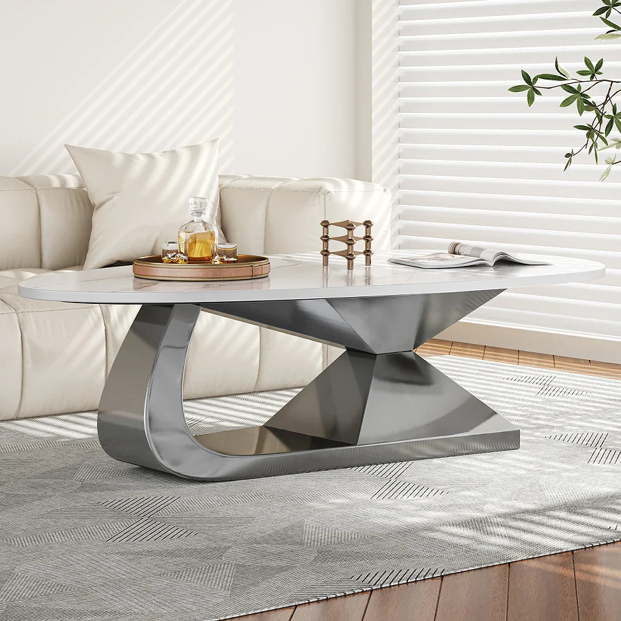 Modern Sintered Stone Tabletop Coffee Table Stainless Steel Base-Eco-Friendly Living Room Furniture Durable Elegant Centerpiece