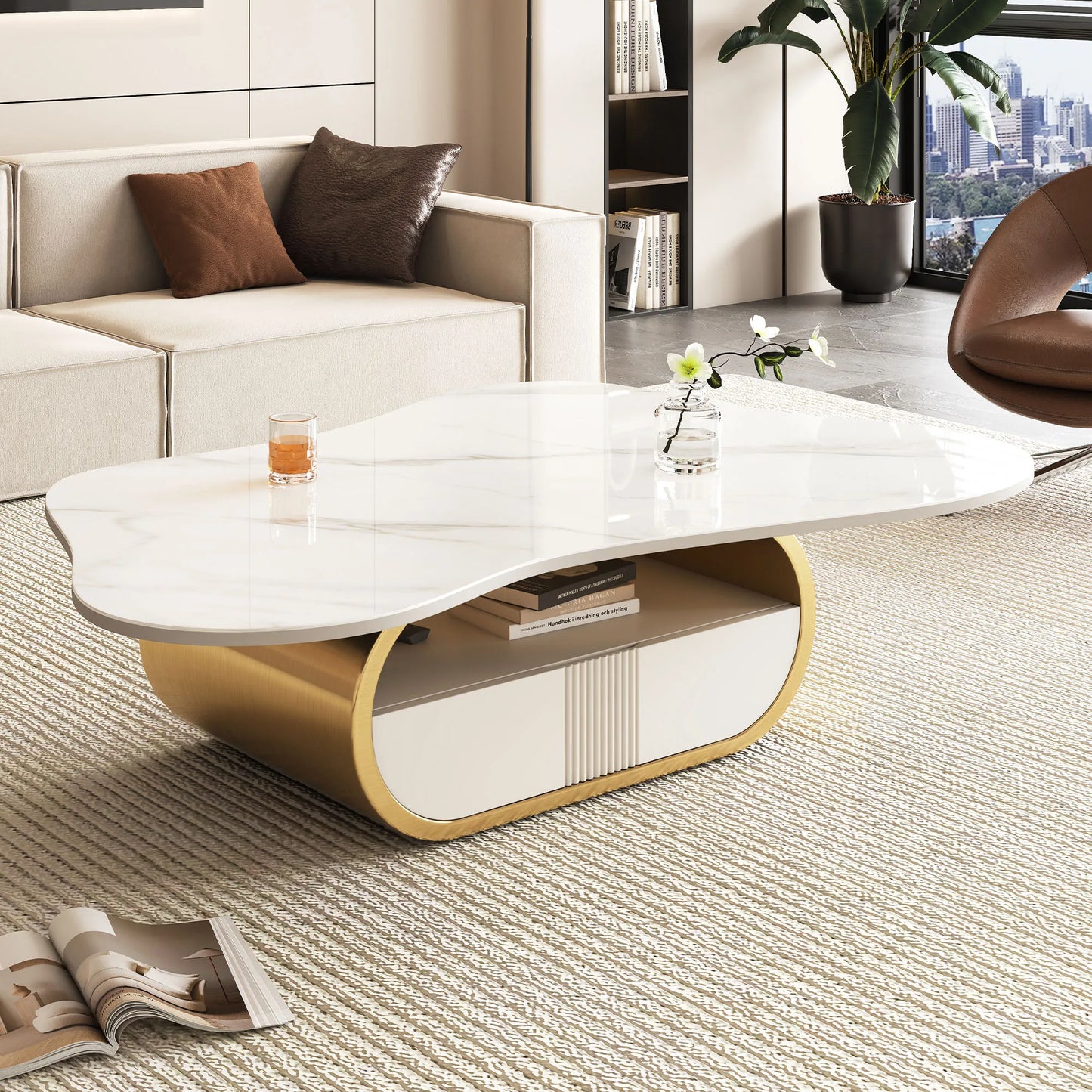 Contemporary Butterfly Oval Coffee Table with Sintered Stone Top and Storage Shelf Drawer Stainless Steel Base Marble Material