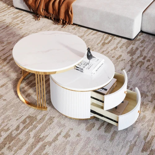 Modern 2 Pieces White Round Nesting Coffee Table with Drawers Eco-Friendly & Decorative