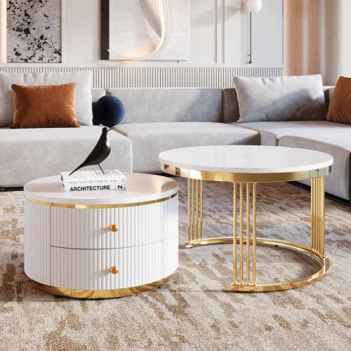 Modern 2 Pieces White Round Nesting Coffee Table with Drawers Eco-Friendly & Decorative
