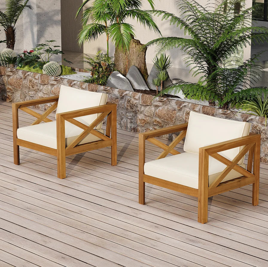 Modern Oak Wood Garden Armchair with Cushions (Set of 2) Portable & Comfortable Outdoor Patio Furniture