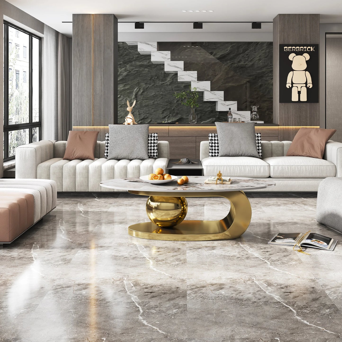 Modern Oval Faux Marble Coffee Table for Home Office Dining Stainless Steel Base for School Use Designed for Modern Living Room