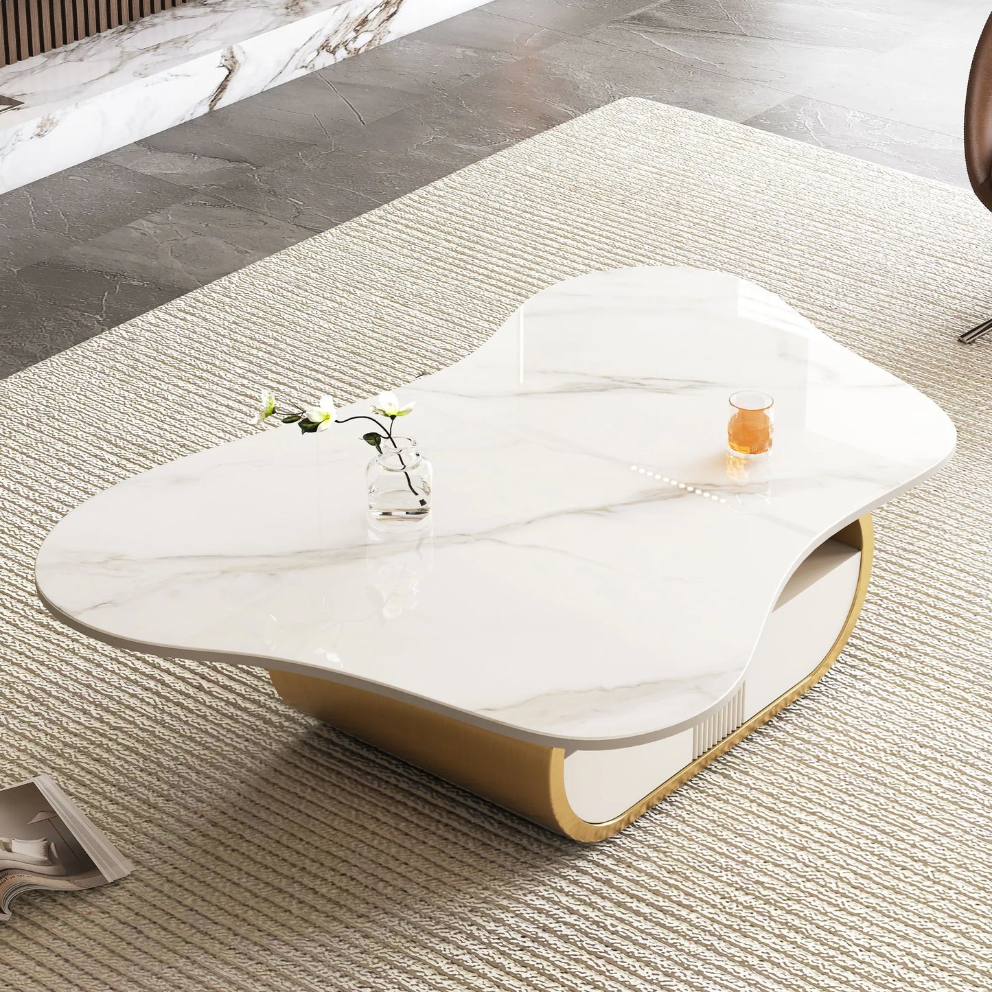 Contemporary Butterfly Oval Coffee Table with Sintered Stone Top and Storage Shelf Drawer Stainless Steel Base Marble Material