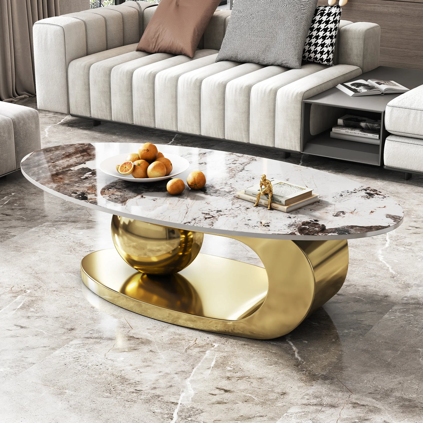 Modern Oval Faux Marble Coffee Table for Home Office Dining Stainless Steel Base for School Use Designed for Modern Living Room